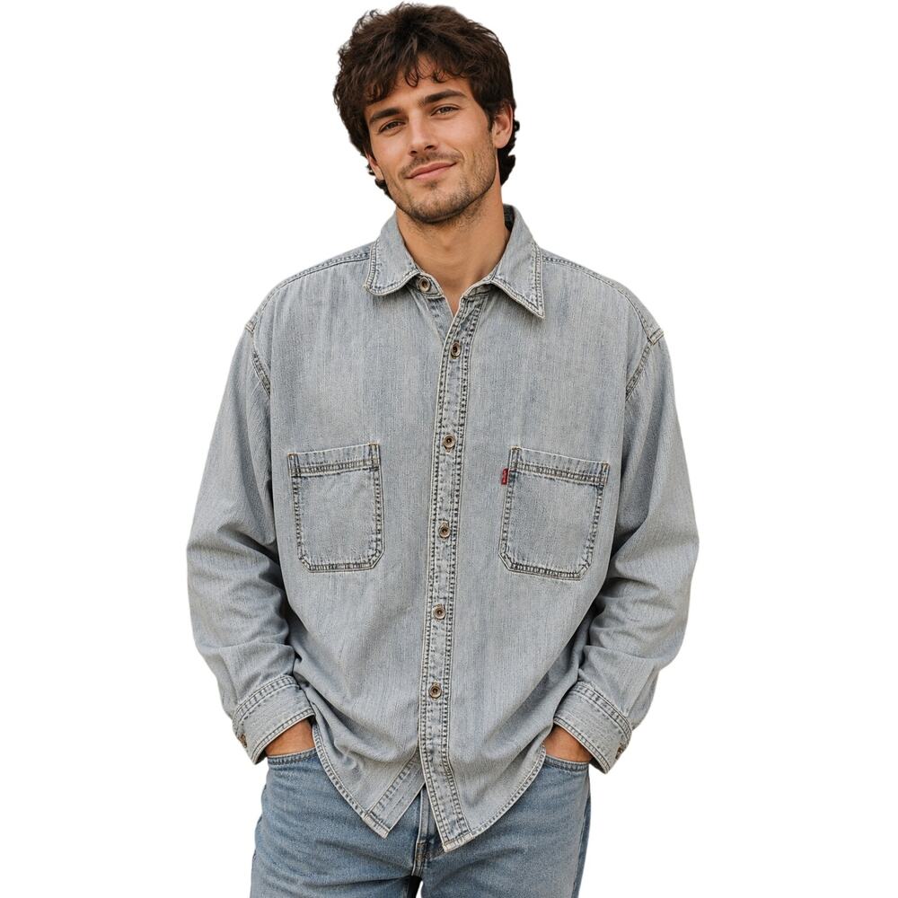 Levis relaxed loose fit sz large metal button up long sleeve chambray denim EUC#